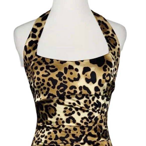 🐆 Caché, Vintage Wild Side Animal Print Satin Halter Dress - Picture 8 of 16